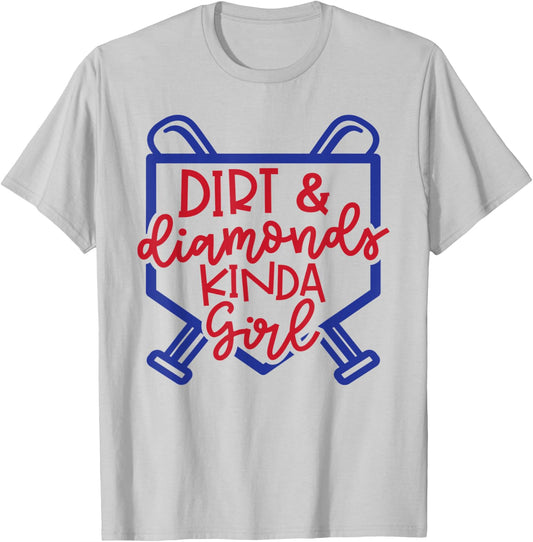 Dirt and Diamonds Kinda Girl Softball Baseball Cute Funny T-Shirt - T-Shirt | Ash