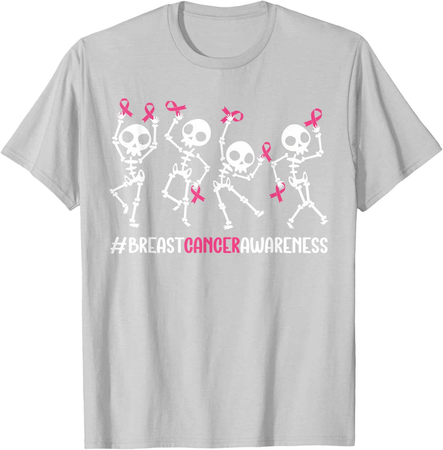 Pink Ribbon Breast Cancer Awareness Skeleton Women Men Kids T-Shirt - T-Shirt | Ash