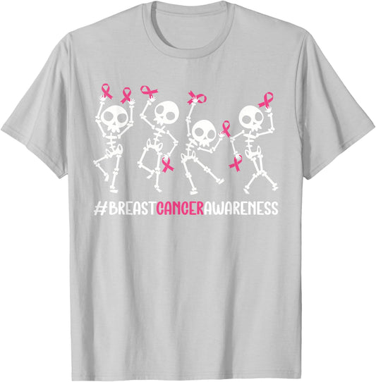 Pink Ribbon Breast Cancer Awareness Skeleton Women Men Kids T-Shirt - T-Shirt | Ash