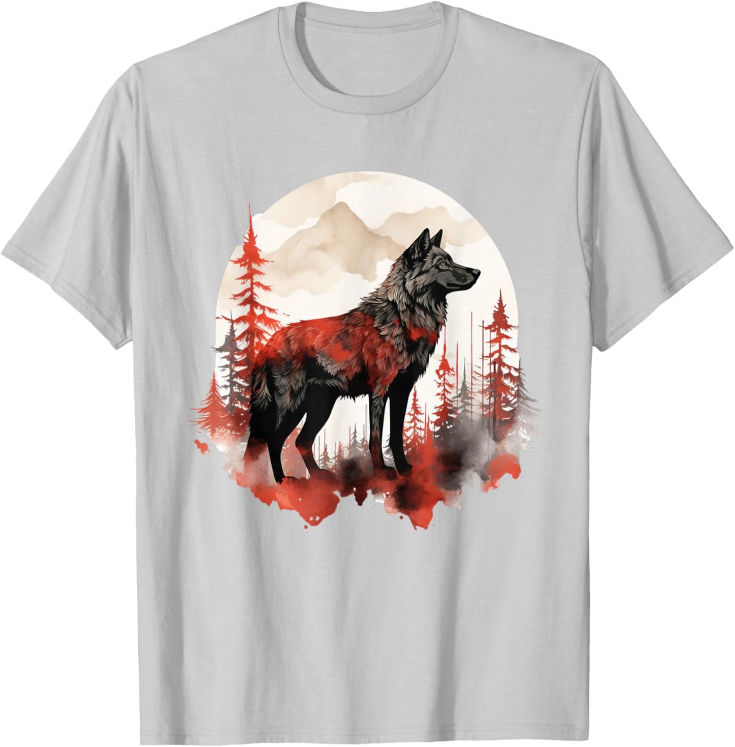 Wolf Splash Art Animal Face Forest Landscape Wolf T-Shirt - T-Shirt | Ash