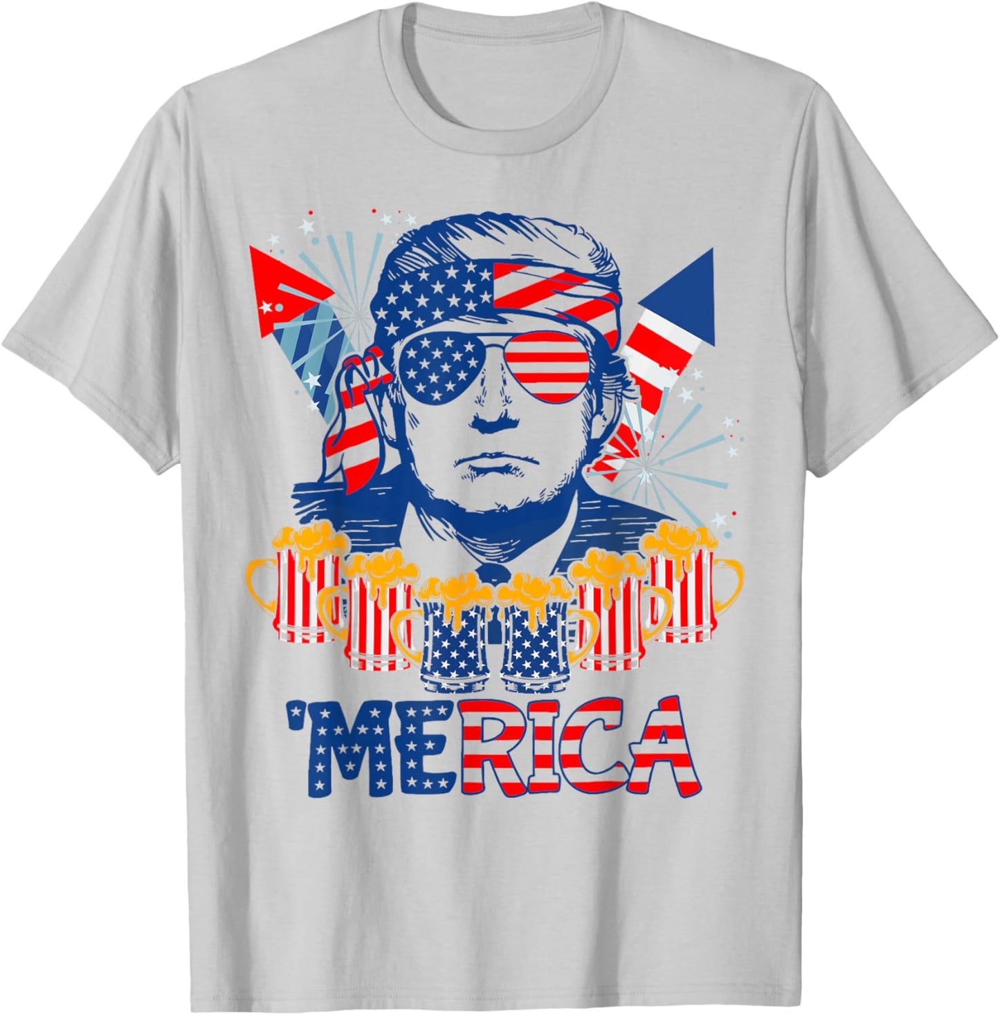 'MERICA TRUMP Drink Beer 4th Of July American Flag Fireworks Men T-Shirt - T-Shirt | Ash