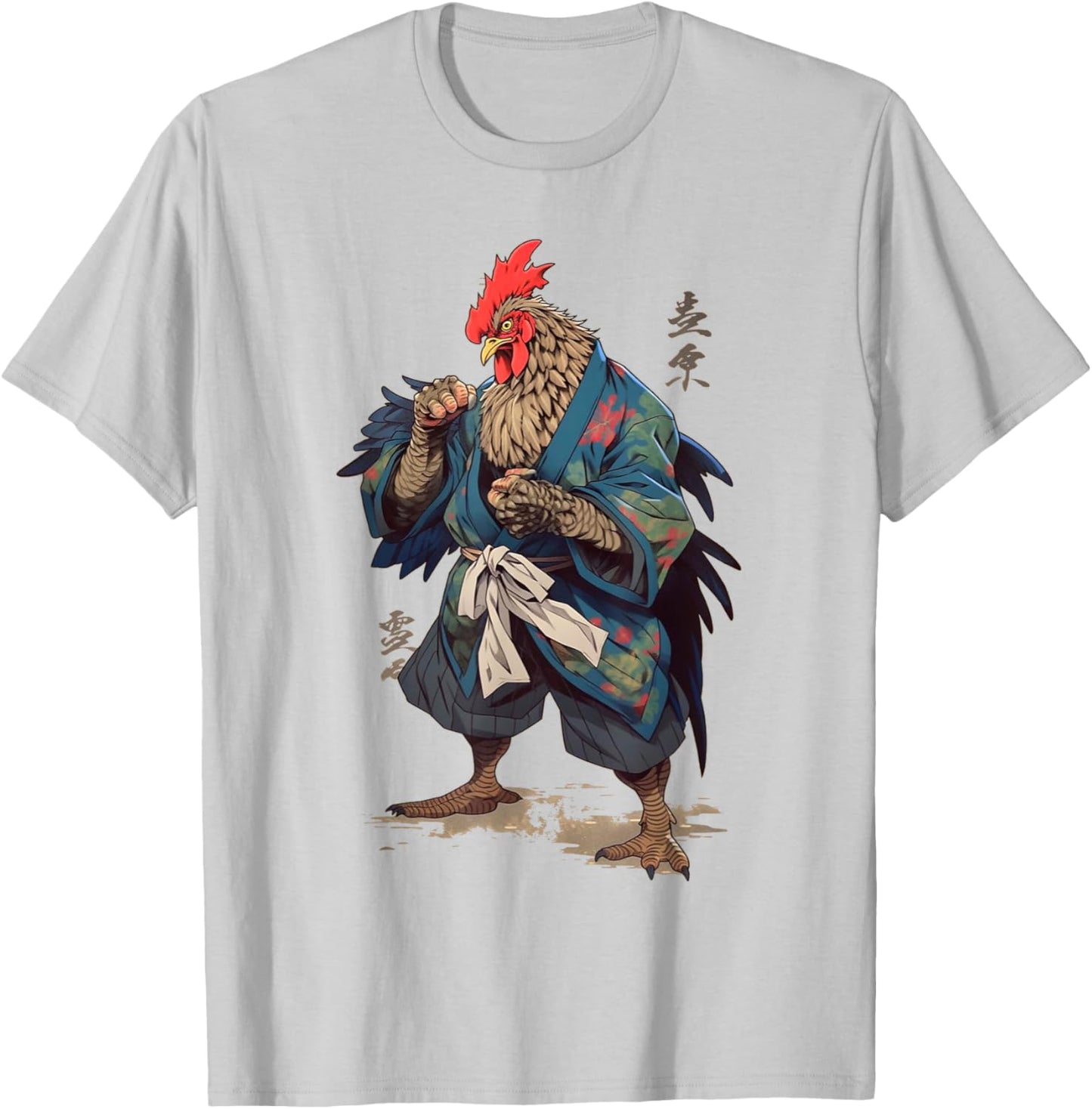 Japanese Traditional Ink Rooster Samurai Art Chicken Warrior T-Shirt - T-Shirt | Ash