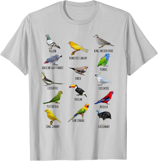 Colorful Birds Species Biology Types Bird Identification T-Shirt - T-Shirt | Ash