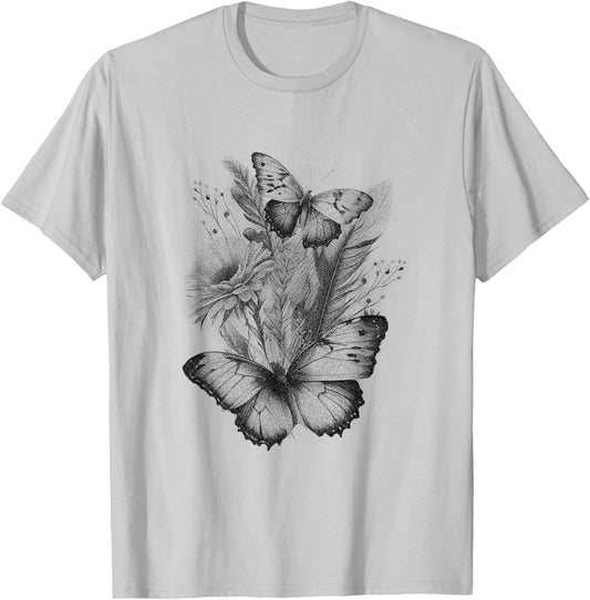 Wildflowers and Butterflies Vintage Floral Graphic T-Shirt - T-Shirt | Ash