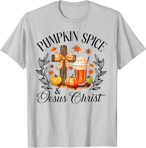 Pumpkin Spice And Jesus Christ Cross Pumpkin Christian T-Shirt - T-Shirt | Ash