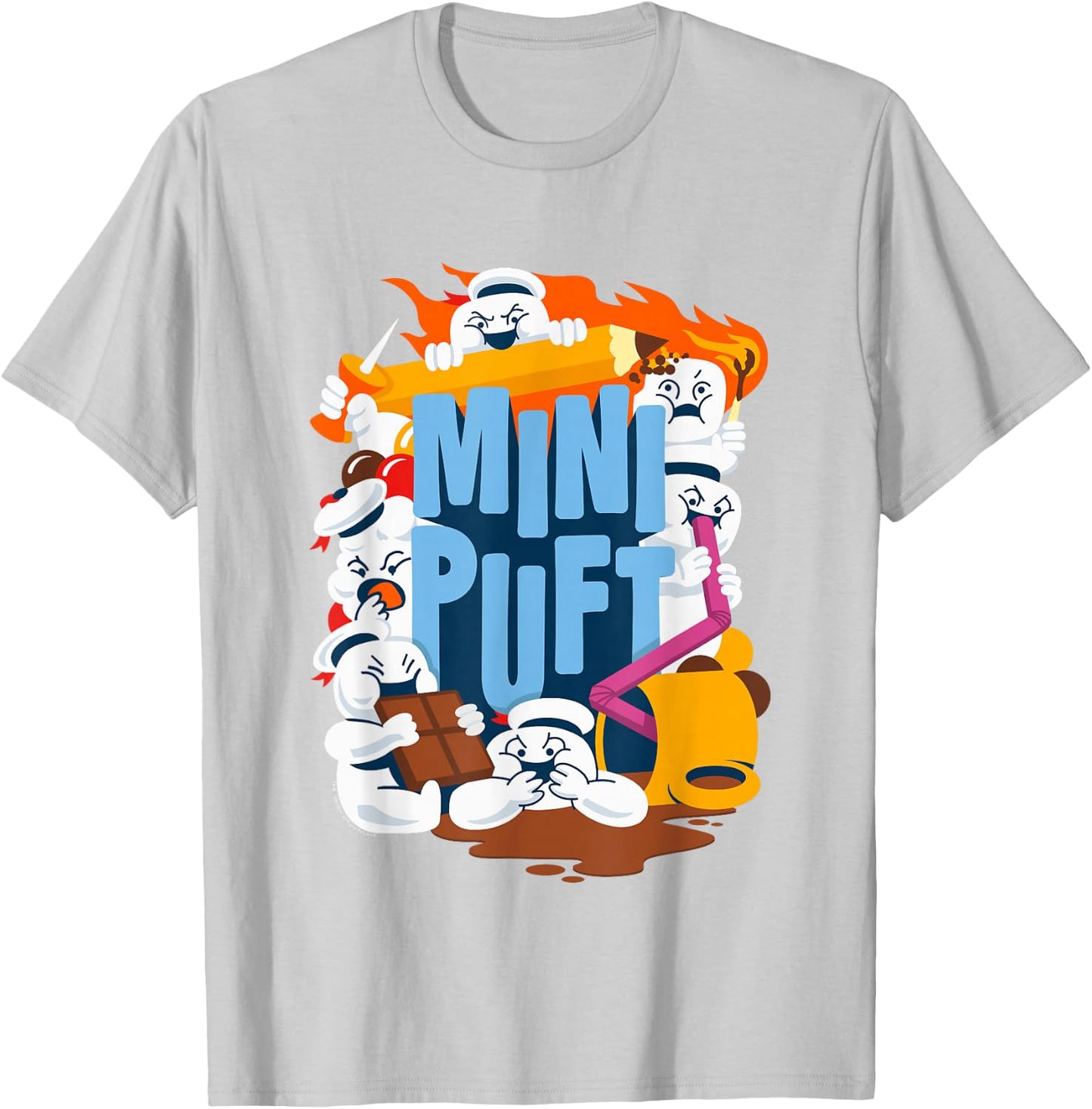 Ghostbusters Cute Mini Puft Being A Mess Group Shot Poster T-Shirt - T-Shirt | Ash