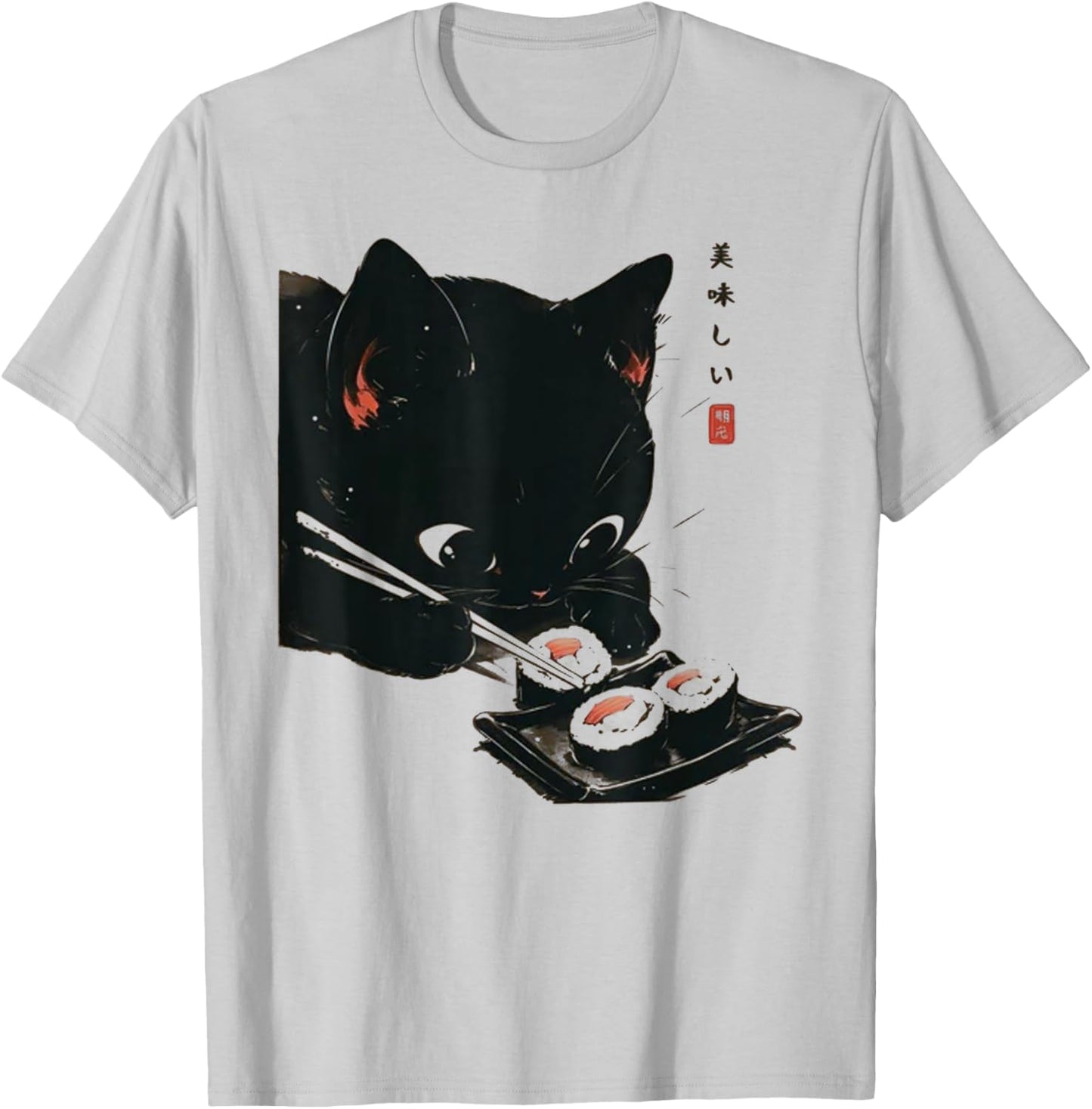 Black Cat Eating Sushi - Cat Japanese Art Women T-Shirt - T-Shirt | Ash
