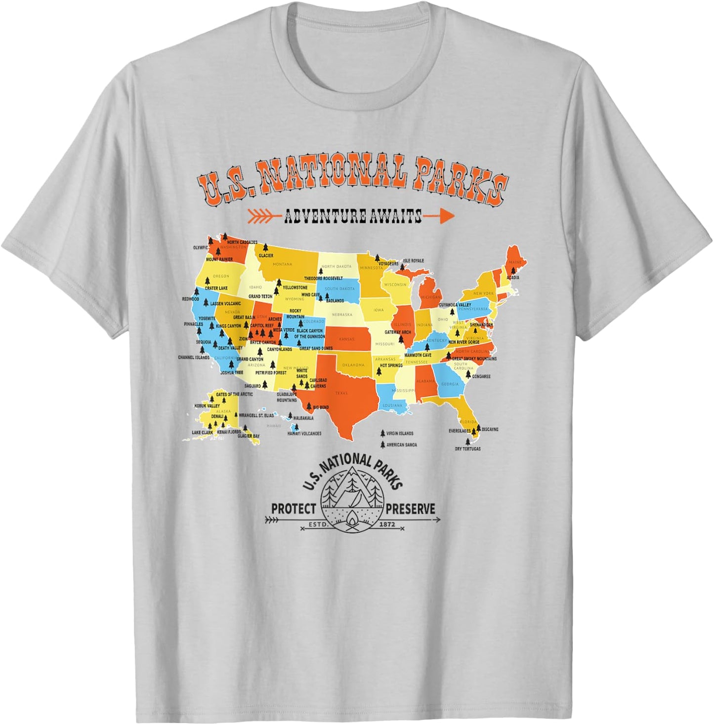 U.S. National Park Hiking Map - All 63 US National Parks Map T-Shirt - T-Shirt | Ash