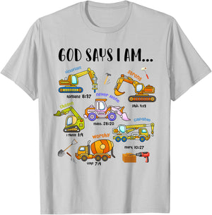 God Says I Am Cute Construction Christian Toddler Boys Kids T-Shirt - T-Shirt | Ash