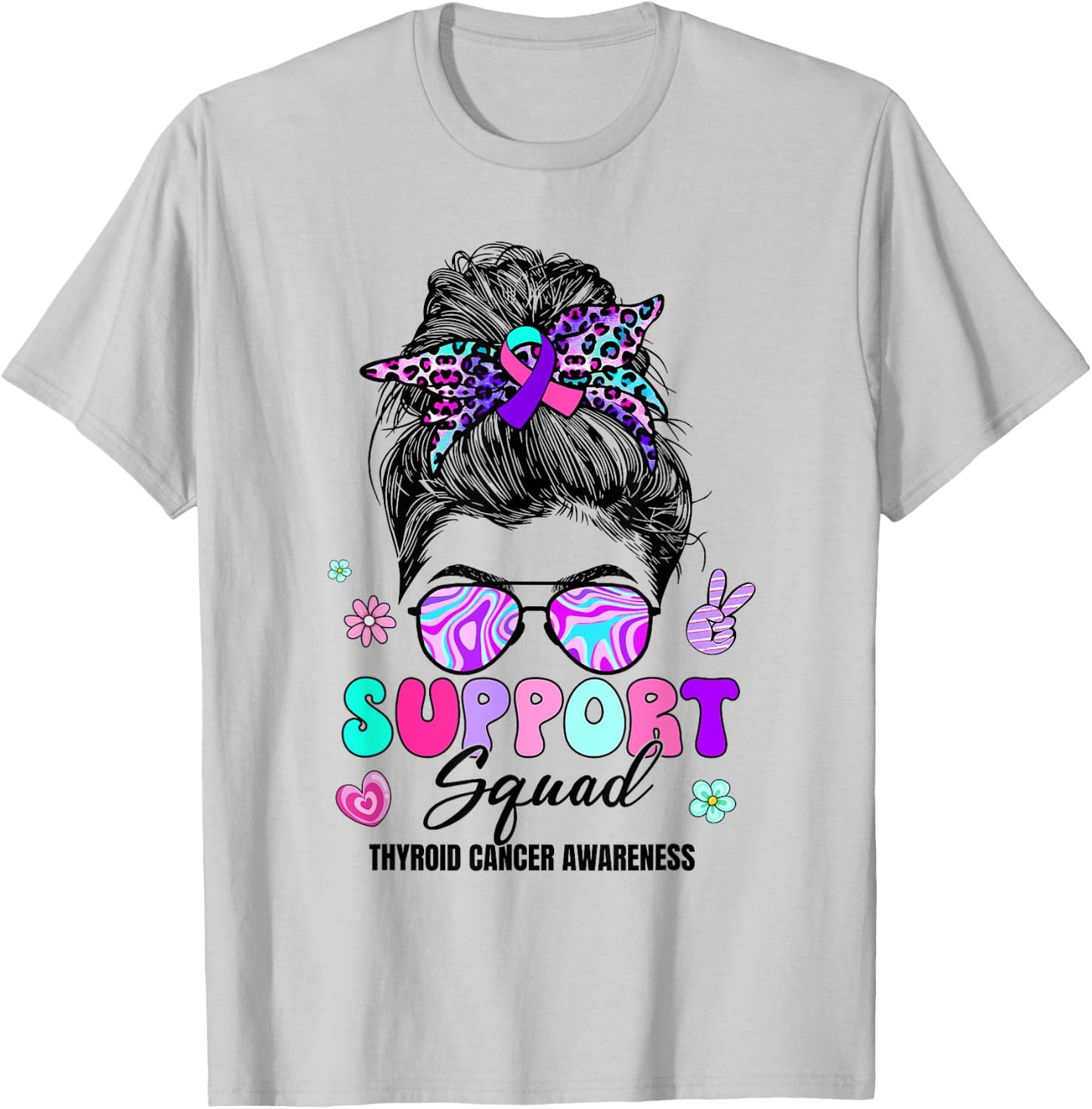 Support Squad Messy Bun Thyroid Cancer Awareness Groovy T-Shirt - T-Shirt | Ash