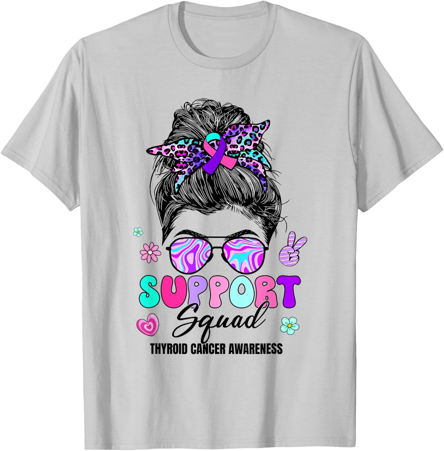 Support Squad Messy Bun Thyroid Cancer Awareness Groovy T-Shirt - T-Shirt | Ash