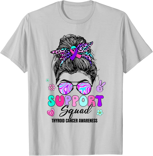 Support Squad Messy Bun Thyroid Cancer Awareness Groovy T-Shirt - T-Shirt | Ash