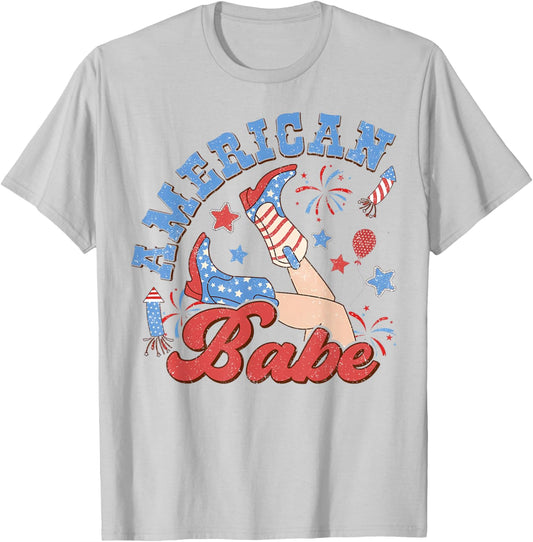 Retro American Girls Babe 4th Of July Western Cowgirl Boots T-Shirt - T-Shirt | Ash