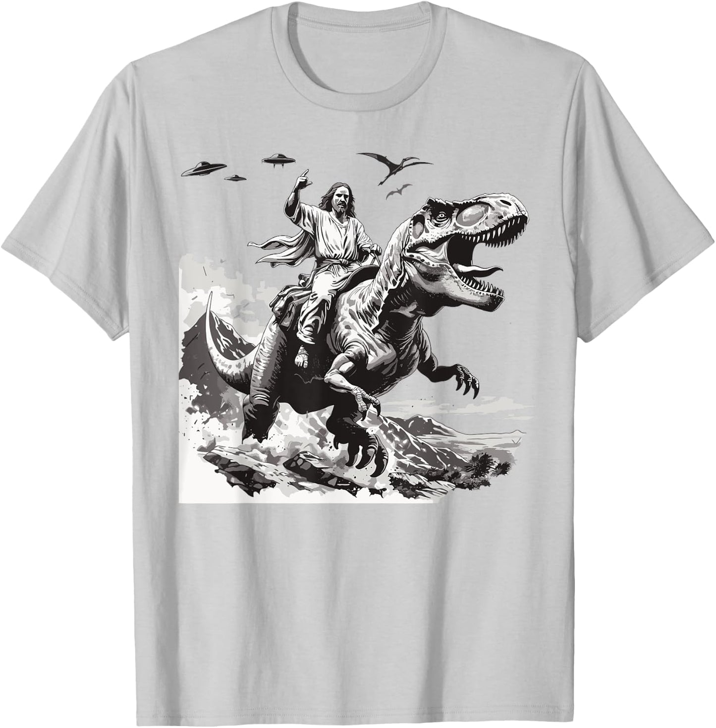 Jesus riding a dinosaur christian Religious motives funny T-Shirt - T-Shirt | Ash