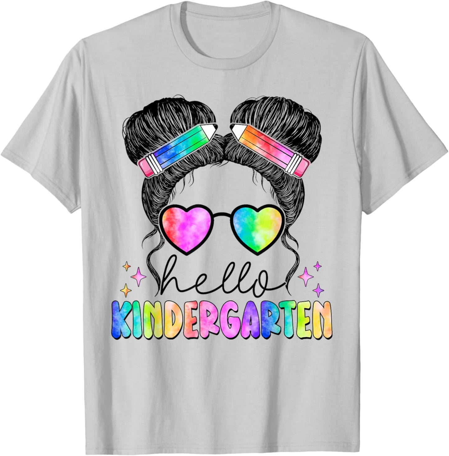 Hello Kindergarten Messy Hair Bun Girl Back To School Gift T-Shirt - T-Shirt | Ash