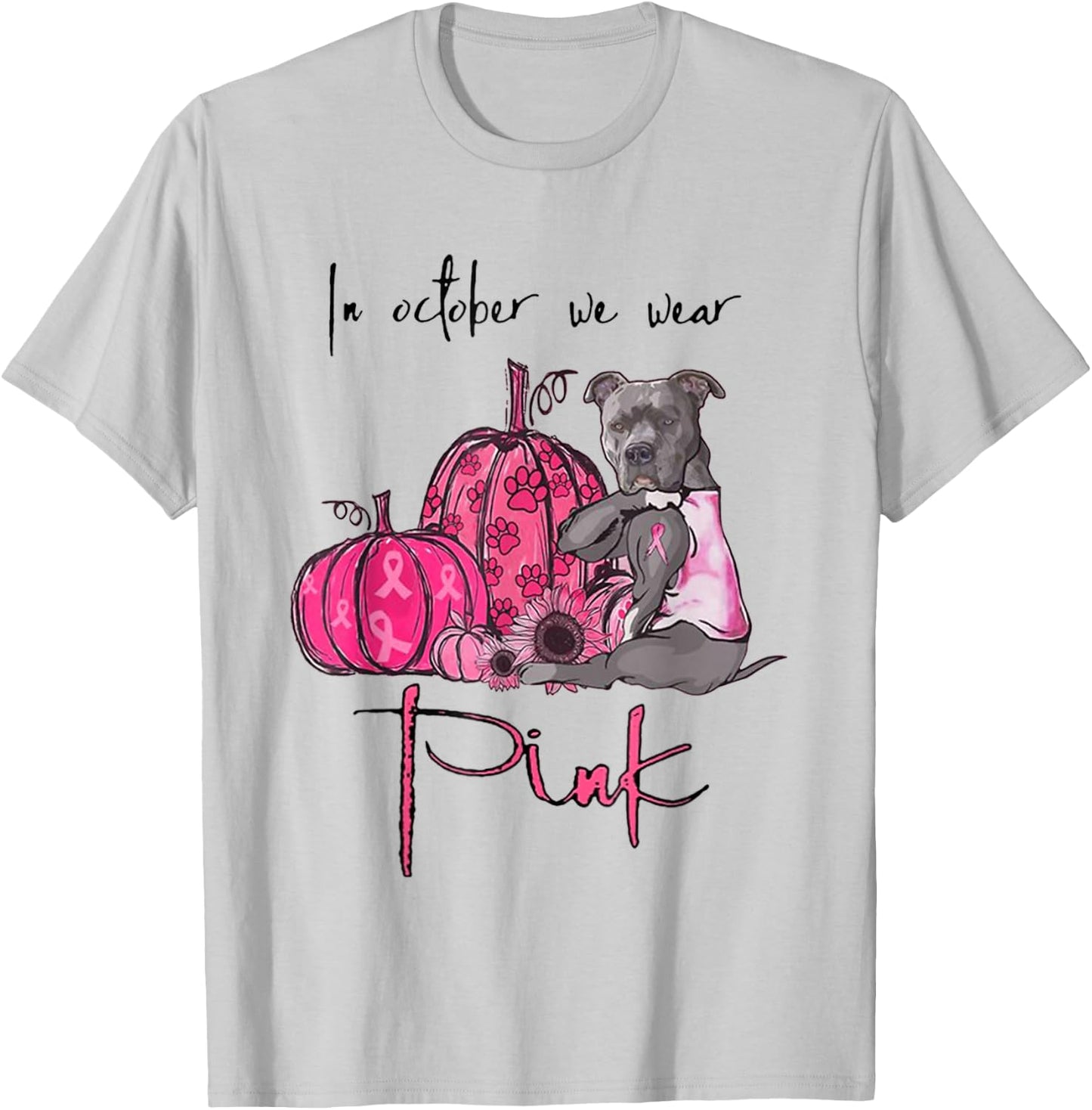 In October We Wear Pink - Breast Cancer Awareness Pitbull T-Shirt - T-Shirt | Ash