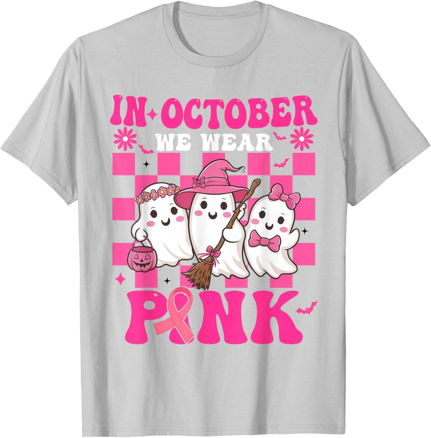 Groovy Wear Pink Breast Cancer Warrior Cute Ghost Halloween T-Shirt - T-Shirt | Ash