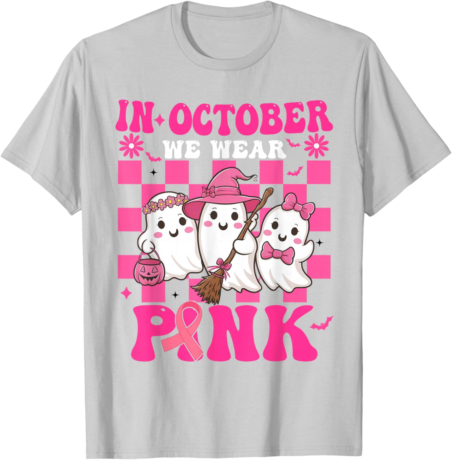 Groovy Wear Pink Breast Cancer Warrior Cute Ghost Halloween T-Shirt - T-Shirt | Ash