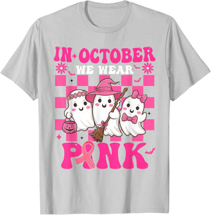 Groovy Wear Pink Breast Cancer Warrior Cute Ghost Halloween T-Shirt - T-Shirt | Ash