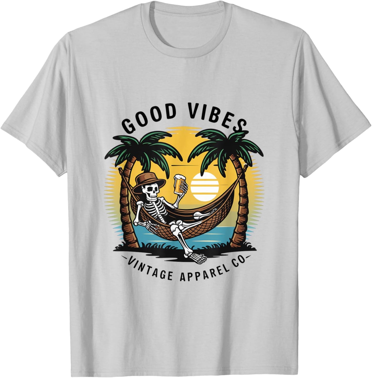 Good Vibes Skeleton Hammock Sunset T-Shirt - T-Shirt | Ash