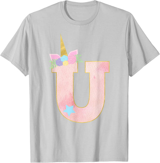 Initial Letter U Unicorn Monogram for Girls Unicorn Birthday T-Shirt - T-Shirt | Ash