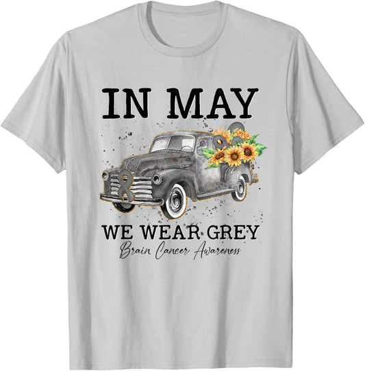 In May We Wear Gray Floral Truck Brain Cancer Awareness T-Shirt - T-Shirt | Ash