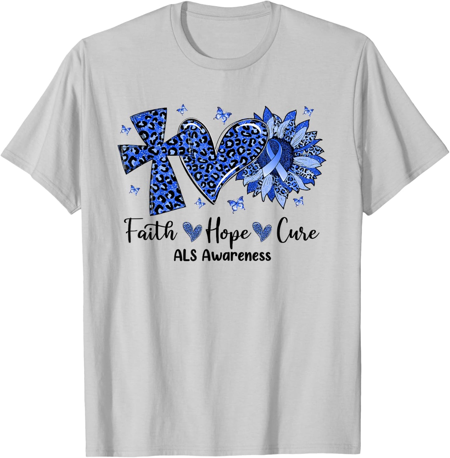 Faith Hope Cure Sunflower Leopard ALS Awareness T-Shirt - T-Shirt | Ash