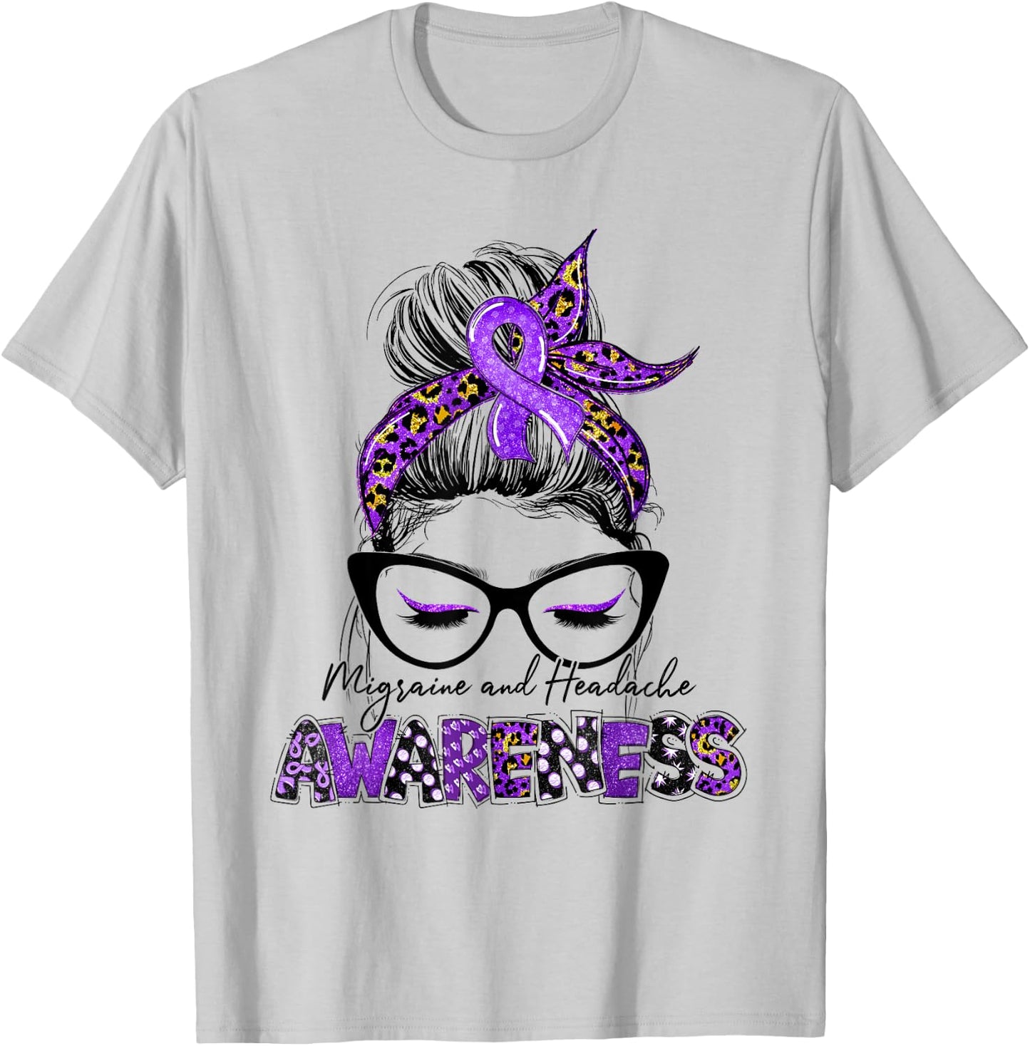 Purple Ribbon Messy Bun Migraine Headache Awareness Month T-Shirt - T-Shirt | Ash