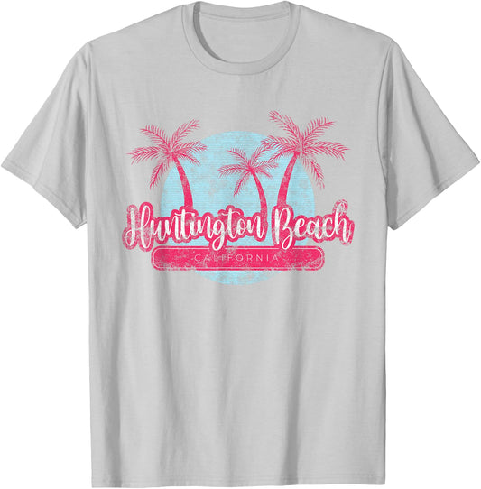 Huntington Beach California Retro Palm Tree Vintage Surf Men Women Girls Kids T-Shirt - T-Shirt | Ash