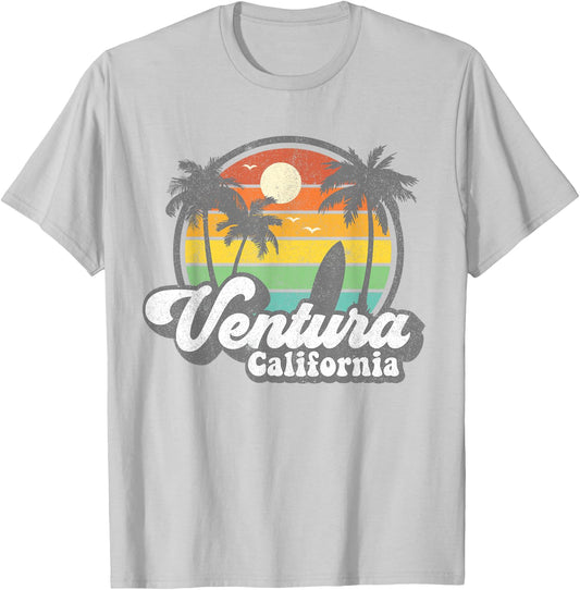 Vintage Ventura Beach California CA Surfing Retro Surf Gift T-Shirt - T-Shirt | Ash