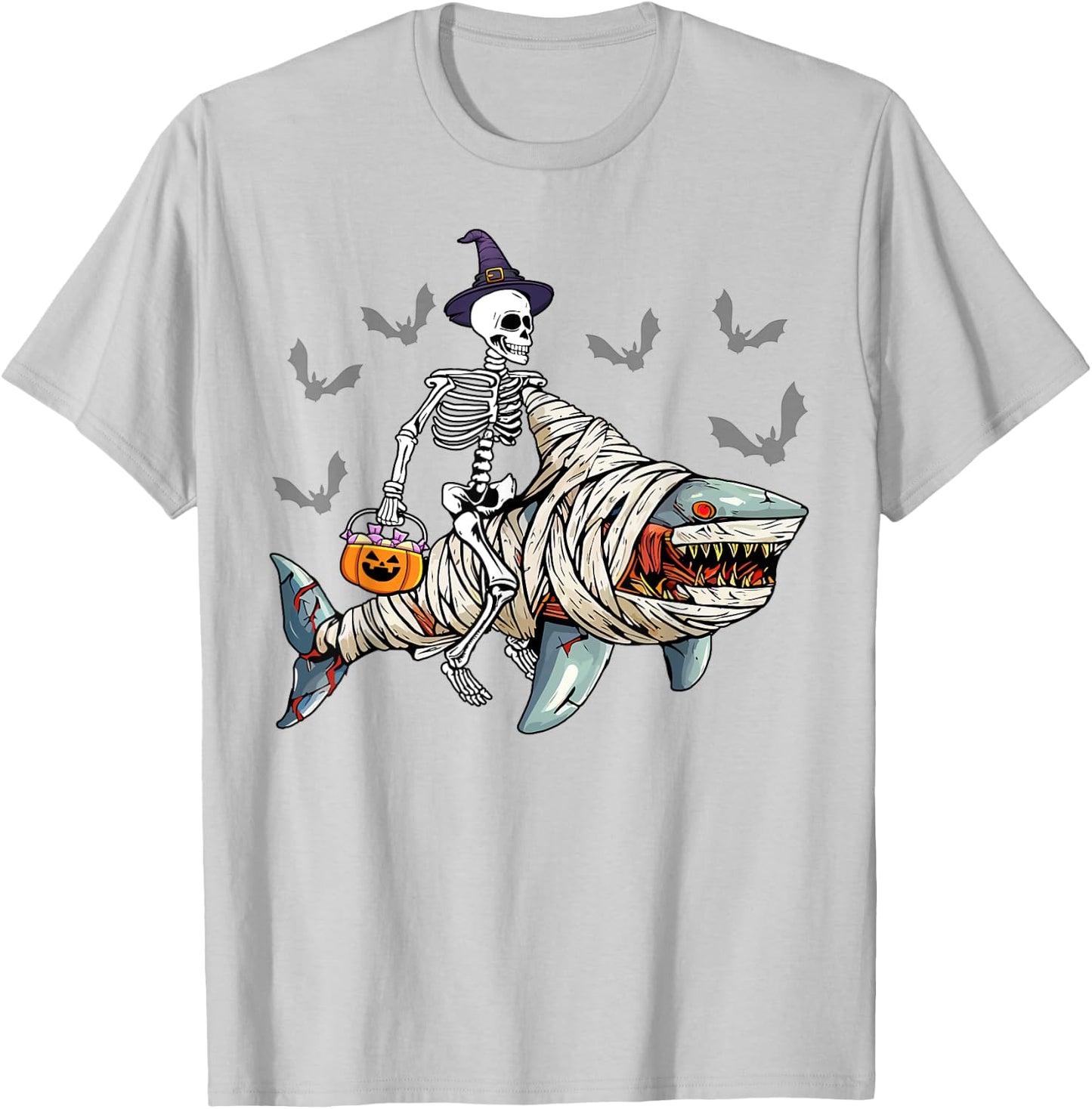 Skeleton Riding Mummy Shark Funny Halloween Pumpkin Witch T-Shirt - T-Shirt | Ash