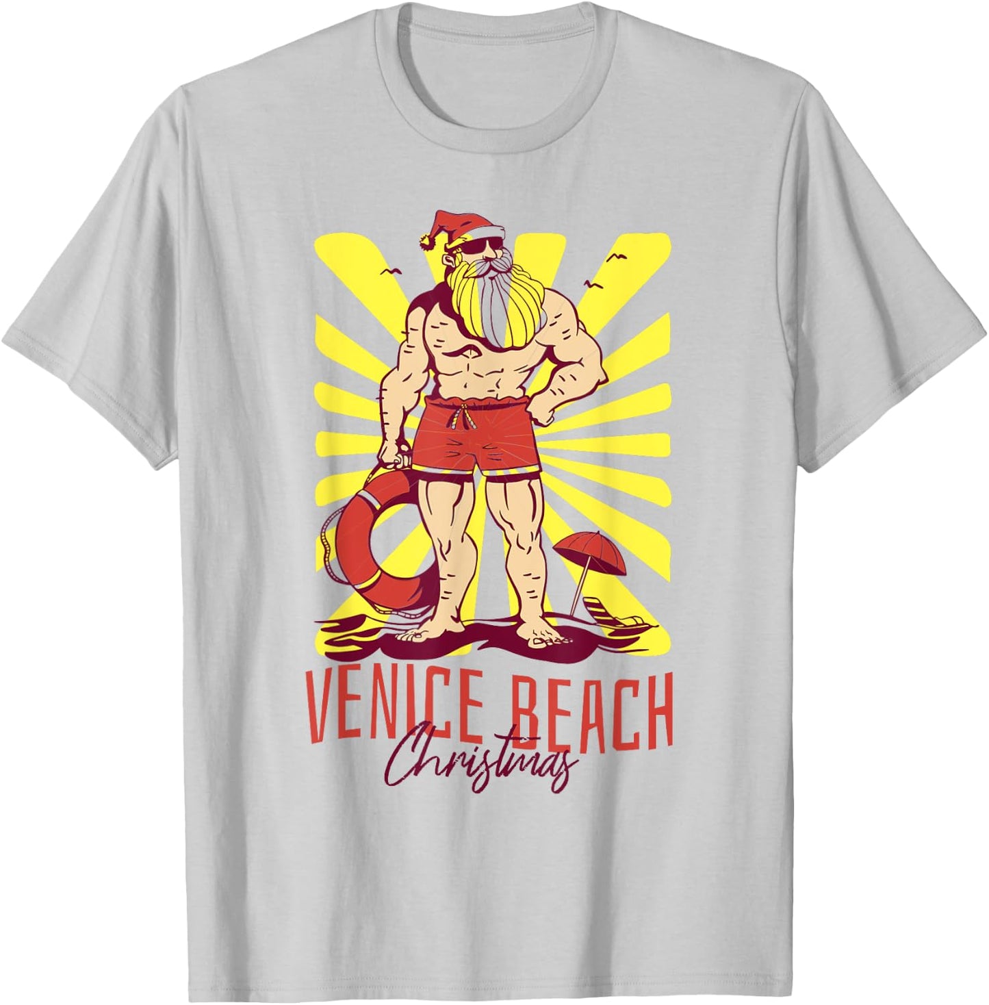Venice Beach Christmas Buff Santa Lifeguard T-Shirt - T-Shirt | Ash