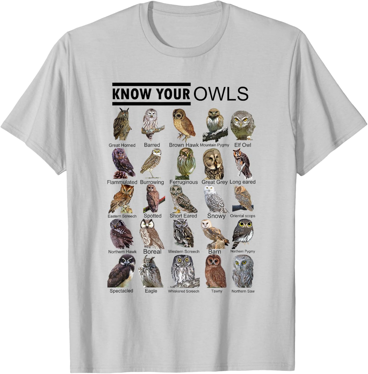 Know Your Owls All Type of Owl Spirit Animal For Owl Lovers T-Shirt - T-Shirt | Ash