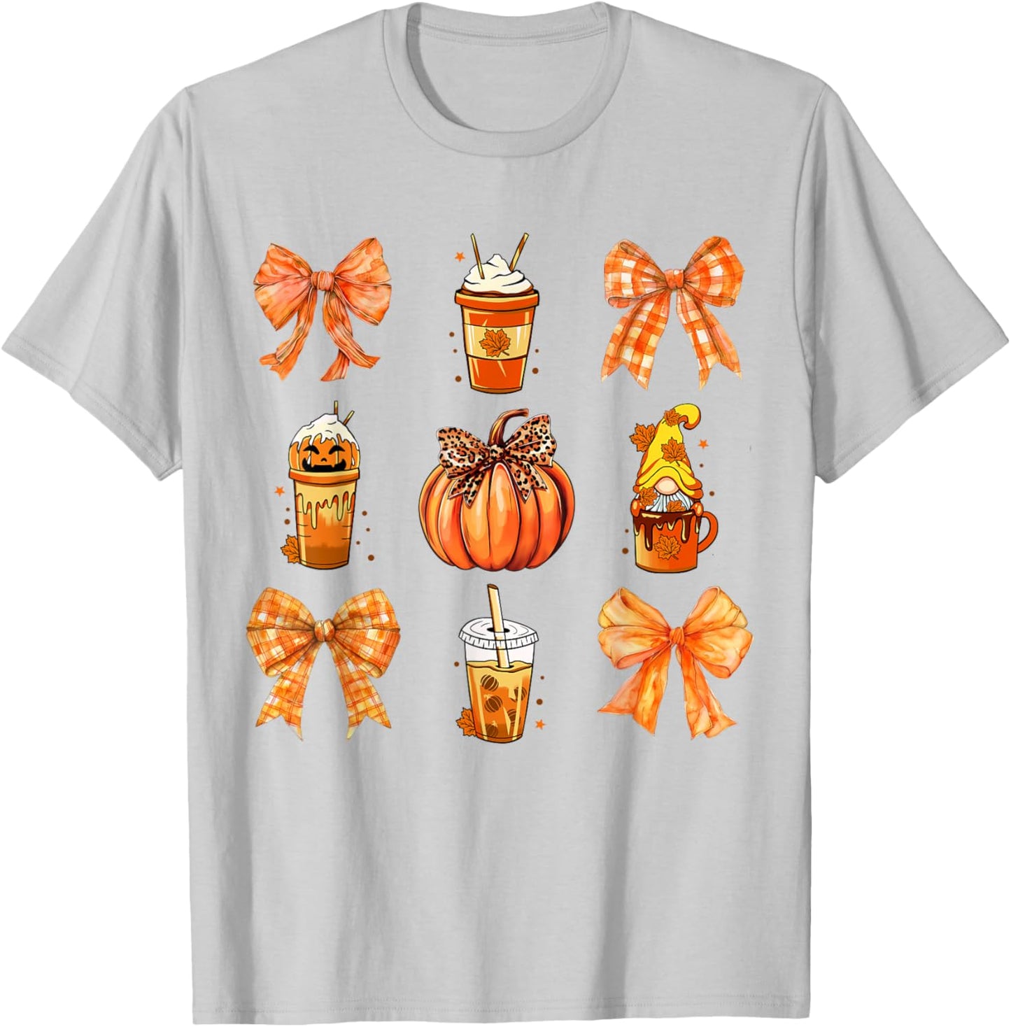 Fall Coffee Pumpkin Spice Latte Iced Bow Autumn Coffee T-Shirt - T-Shirt | Ash