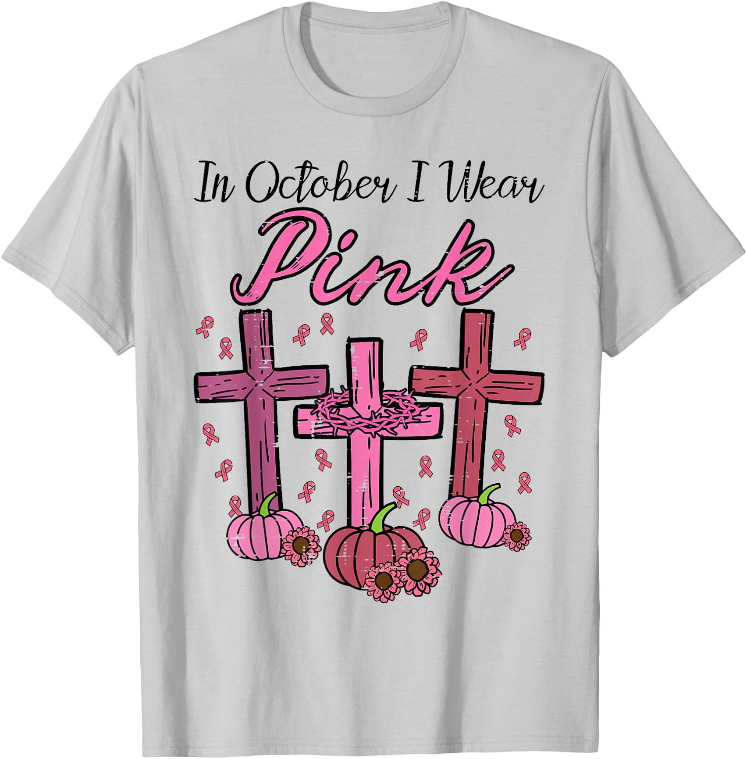 Breast Cancer Cross Pumpkin October Wear Pink Women Men Kids T-Shirt - T-Shirt | Ash