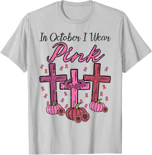 Breast Cancer Cross Pumpkin October Wear Pink Women Men Kids T-Shirt - T-Shirt | Ash