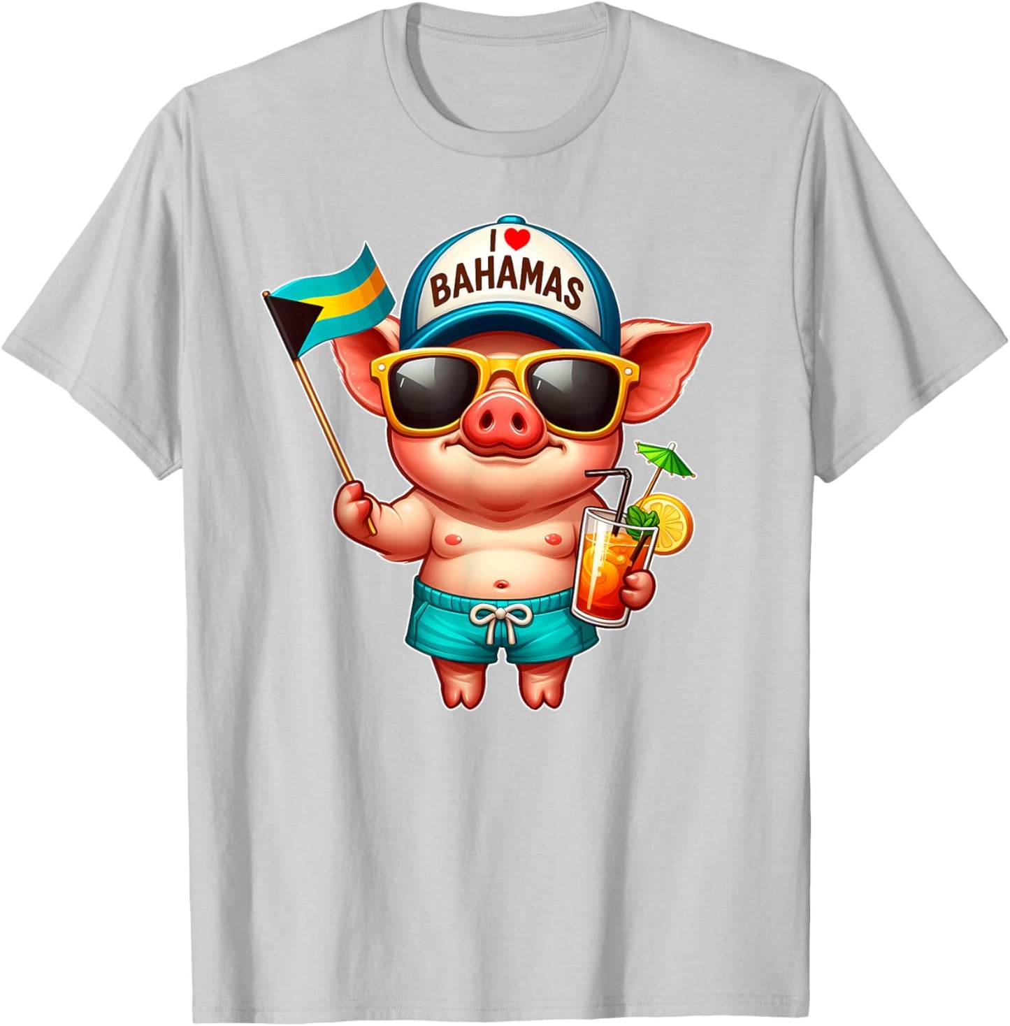 I LOVE BAHAMAS Swimming Pig Souvenir Bahamas flag Nassau T-Shirt - T-Shirt | Ash