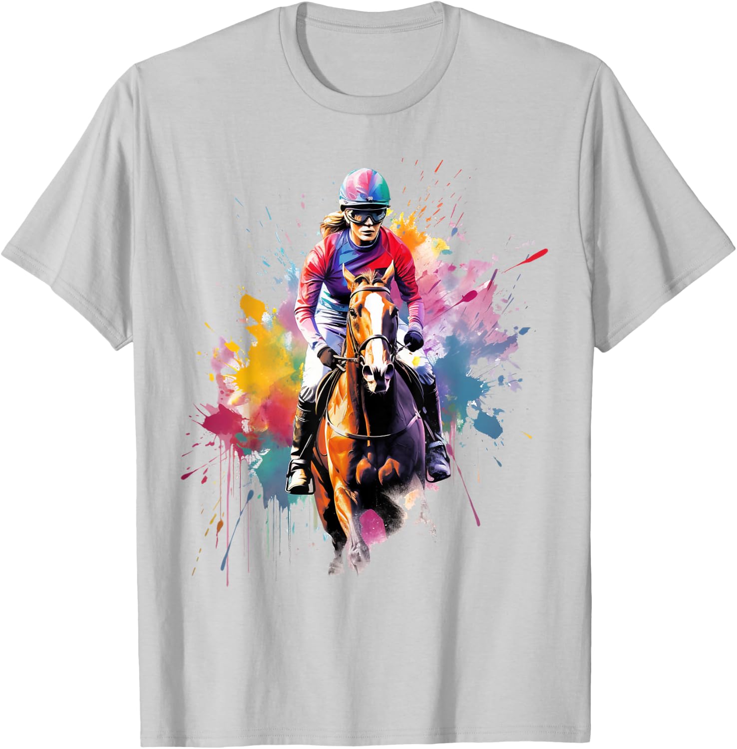 Colorful Jockey Girl on Horse Racing T-Shirt - T-Shirt | Ash