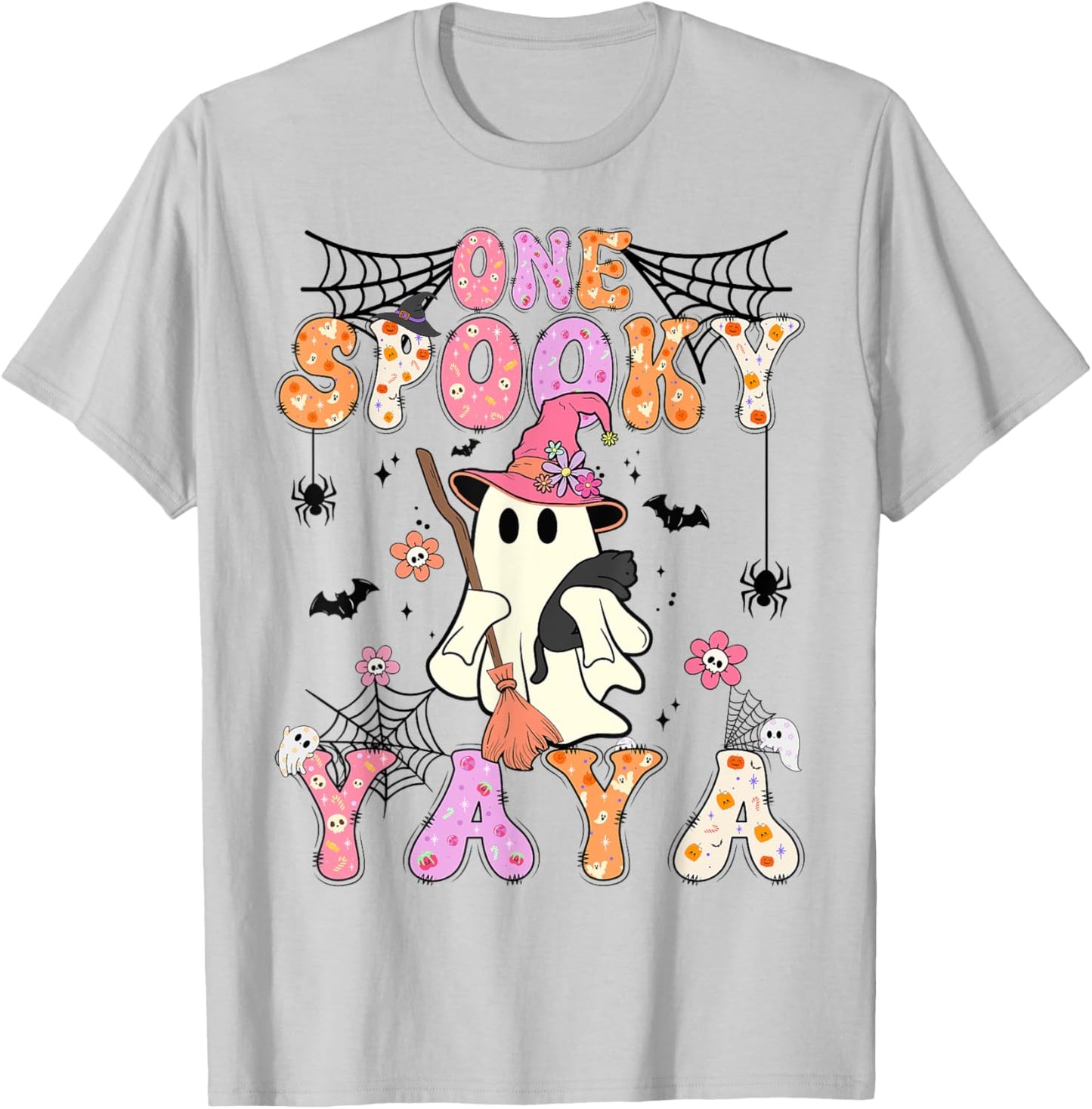 Groovy One Spooky Yaya Retro Halloween Cute Ghost T-Shirt - T-Shirt | Ash
