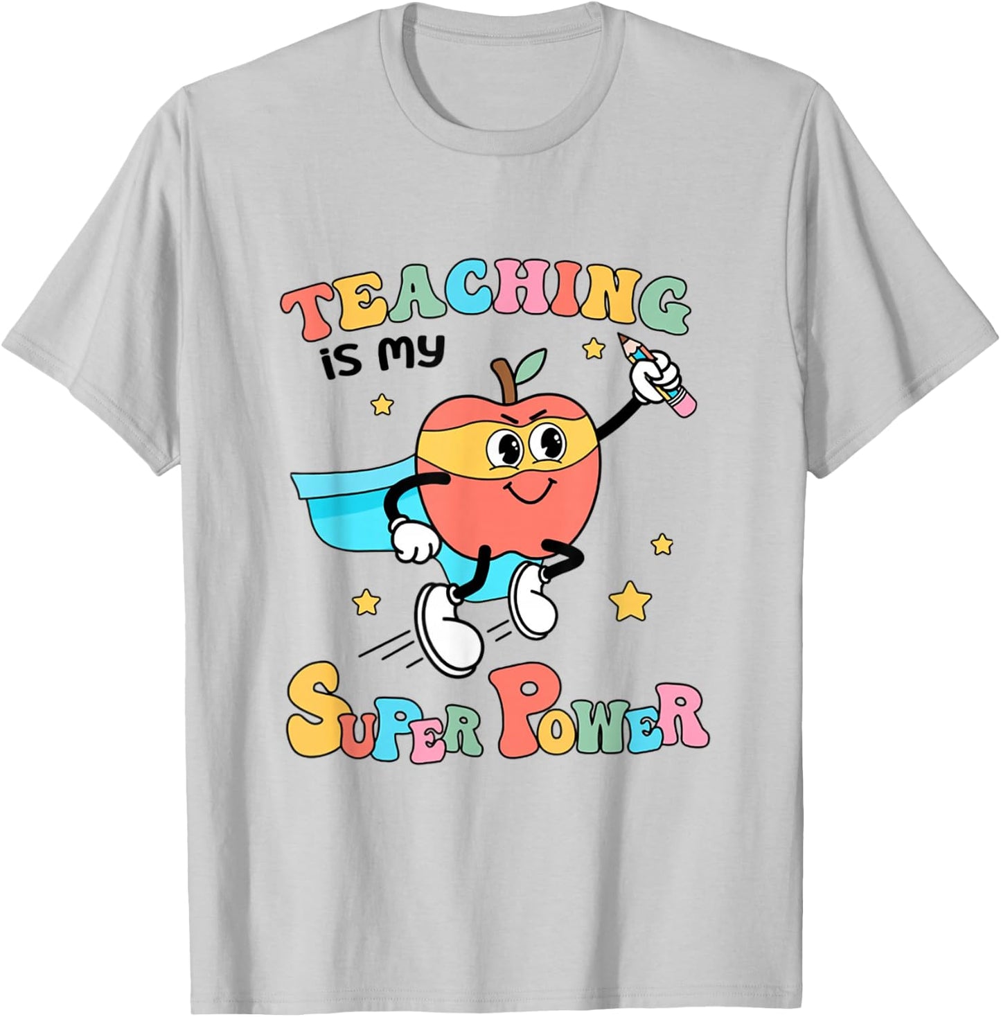 Retro Teaching Is My Superpower Apple Teacher Appreciation T-Shirt - T-Shirt | Ash