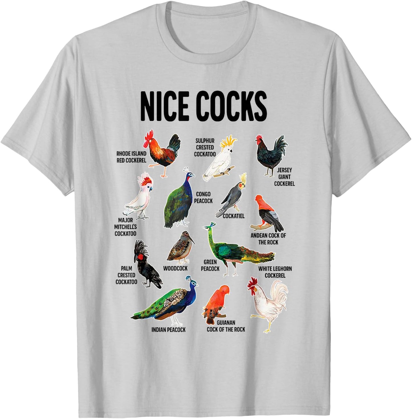 Nice Cocks Pun Adult Joke Funny Bird Lover Birdwatcher T-Shirt - T-Shirt | Ash