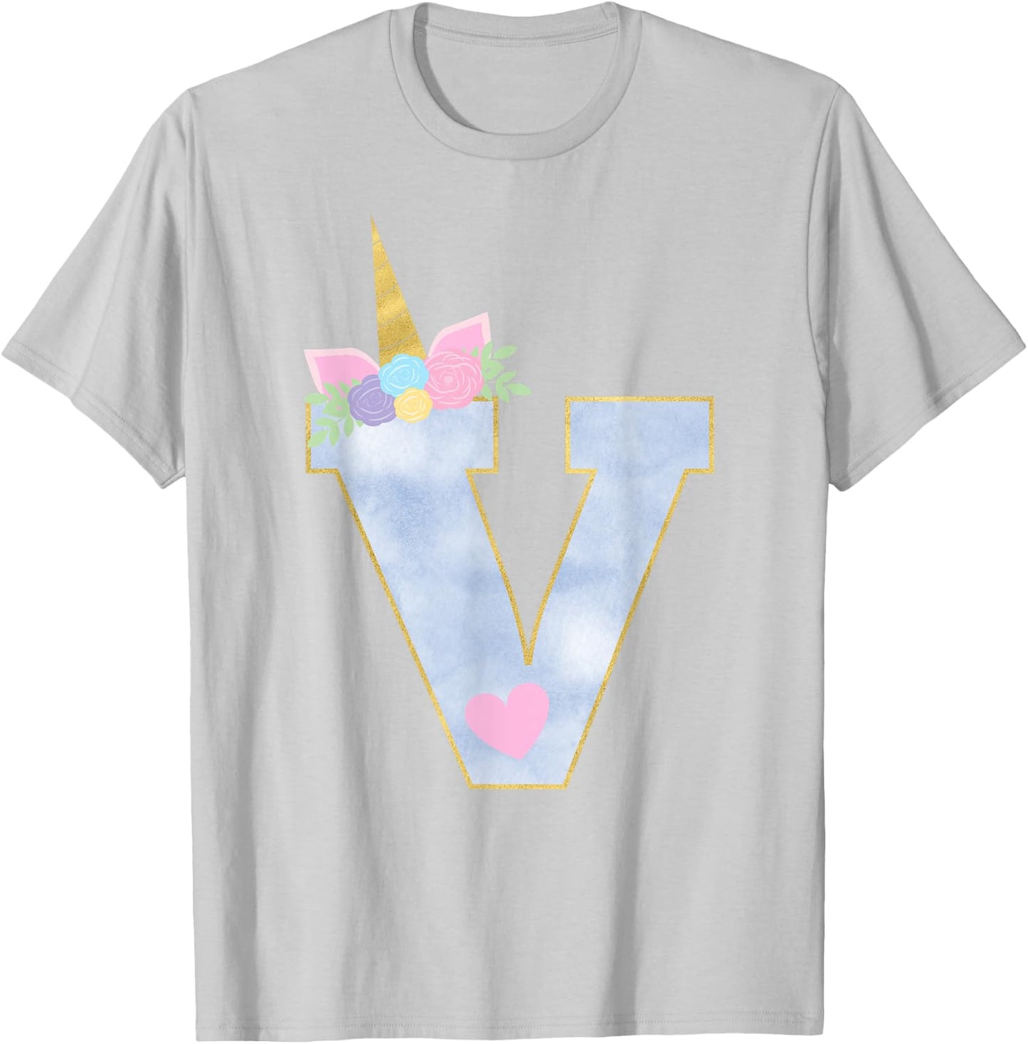 Initial Letter V Unicorn Monogram for Girls Unicorn Birthday T-Shirt - T-Shirt | Ash
