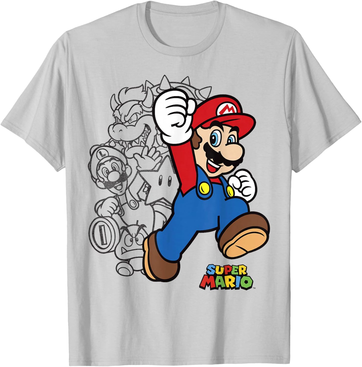 Super Mario Group Shot Bowser Outline T-Shirt - T-Shirt | Ash
