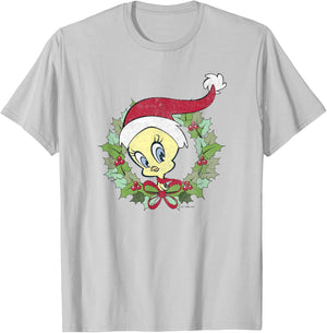 Looney Tunes Tweety Bird Christmas Wreath Santa Hat T-Shirt - T-Shirt | Ash