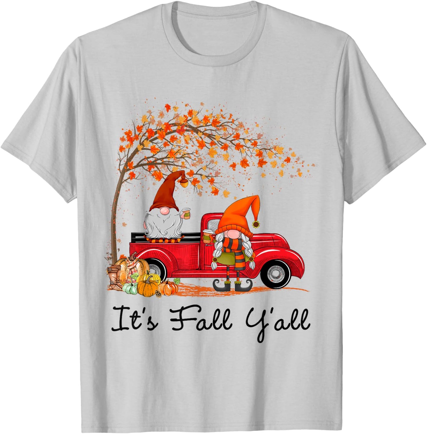 It's Fall Y'all Cute Gnomes Pumpkin Autumn Tree Fall Leaves T-Shirt - T-Shirt | Ash