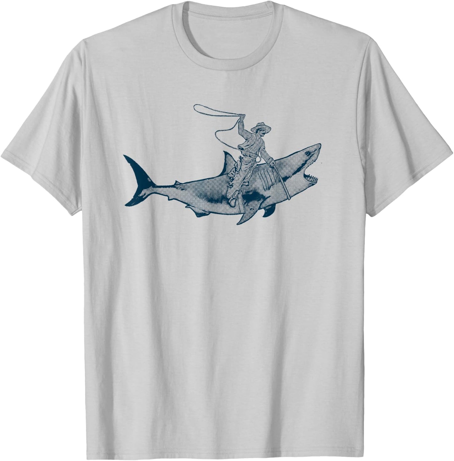 Shark Lover Rodeo Cowboy Riding Great White Vintage Funny T-Shirt - T-Shirt | Ash