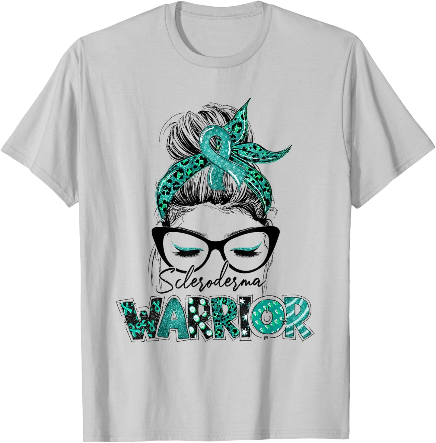 Teal Ribbon Messy Bun Hair Scleroderma Warrior T-Shirt - T-Shirt | Ash