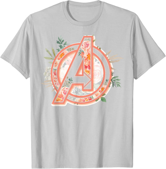 Marvel Avengers Soft Floral Fill Logo Small T-Shirt - T-Shirt | Ash