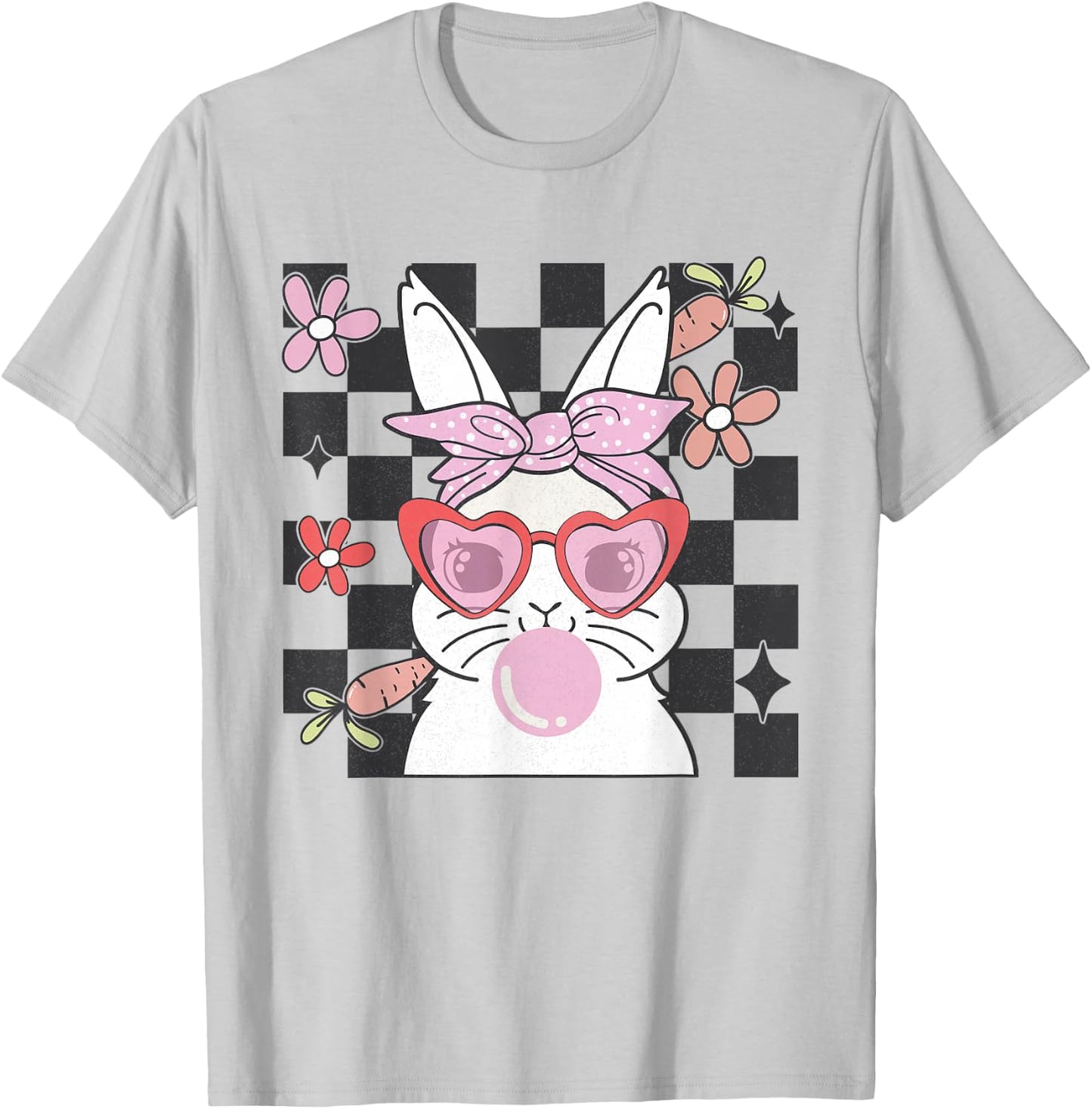 Retro Groovy Easter Bunny Bubblegum Checkered Girls T-Shirt - T-Shirt | Ash
