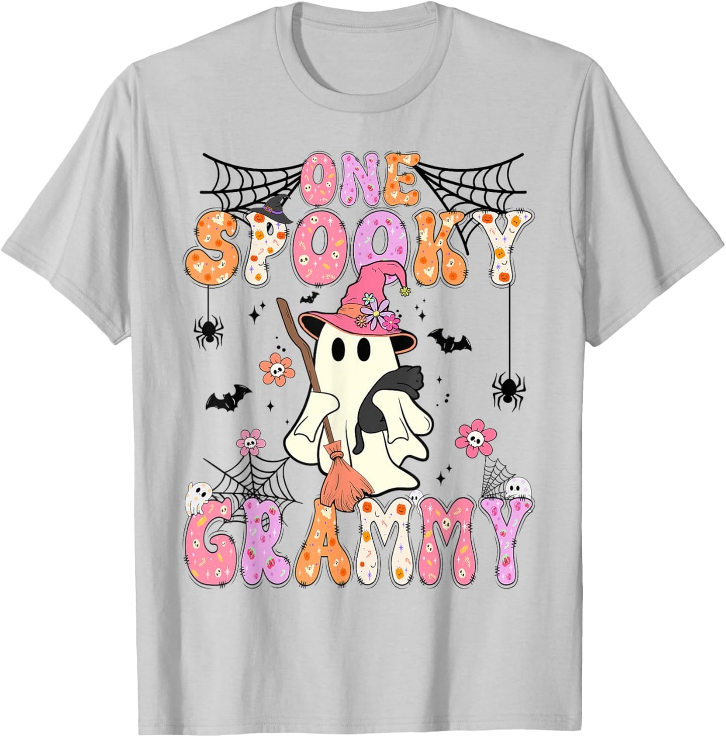 Groovy One Spooky Grammy Retro Halloween Cute Ghost T-Shirt - T-Shirt | Ash